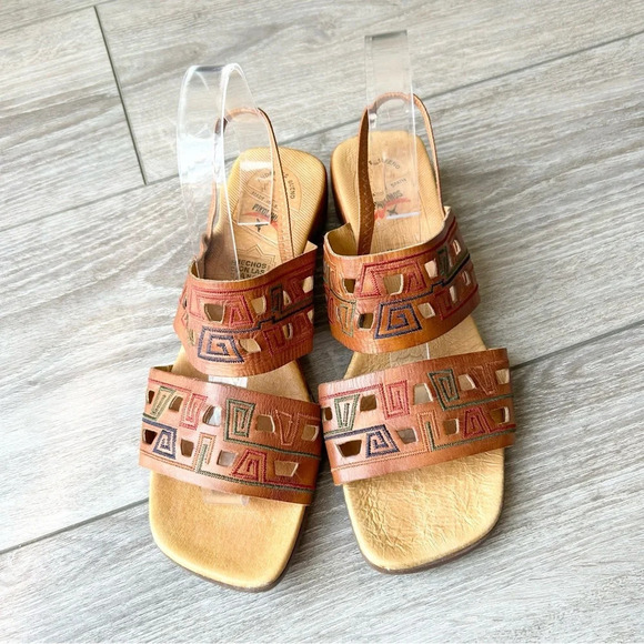 Pikolinos  Brown Tan Leather Embroidered Square Toe Slingback Sandals - Picture 2 of 14